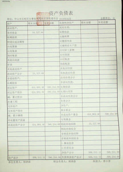 2018年5月凤鸣社区资产负债表