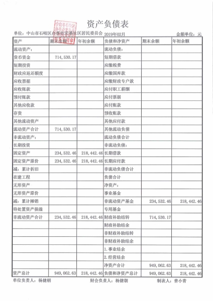 2019年2月宏基社区资产负债表