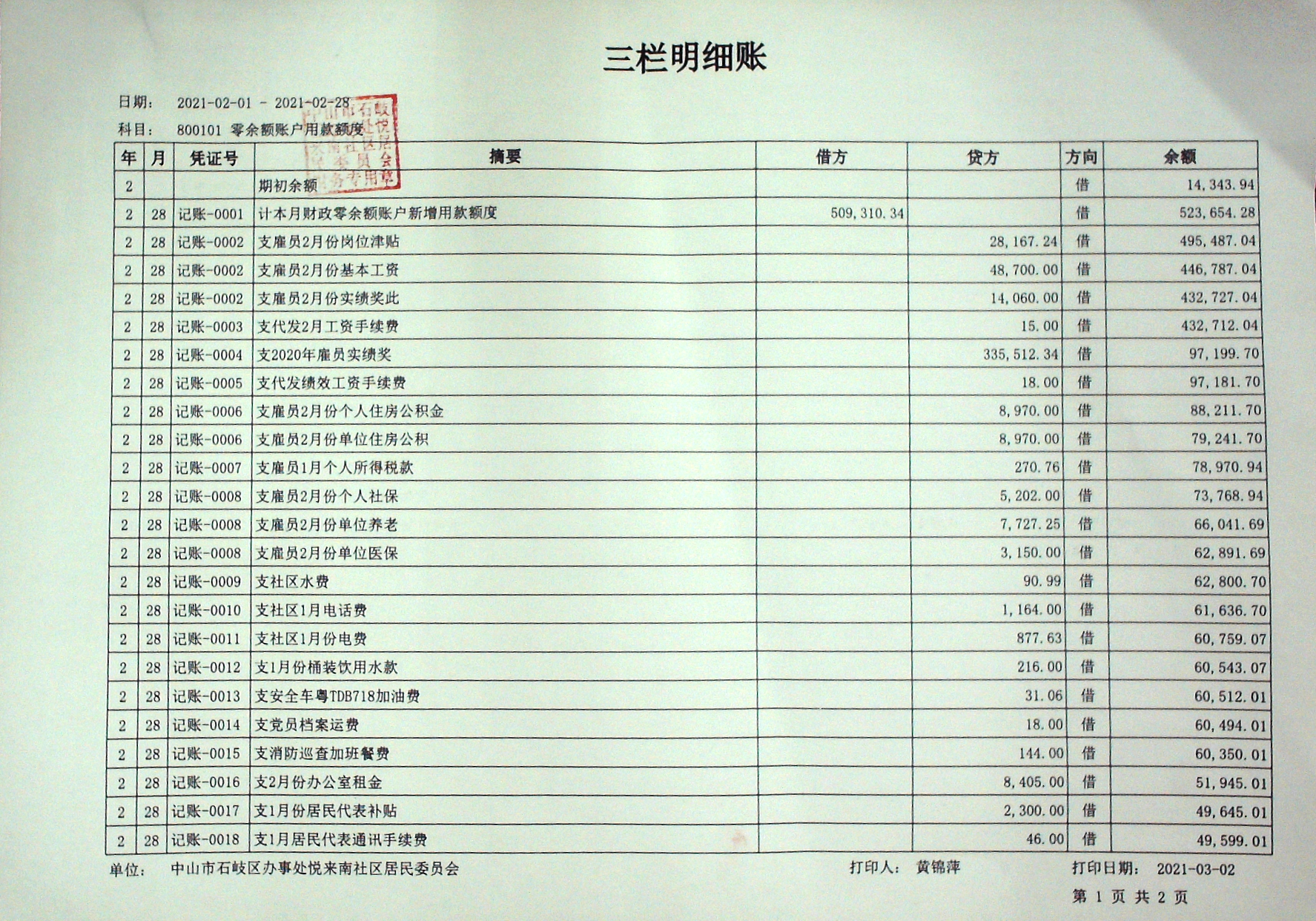 2021年2月三栏明细账